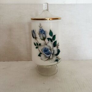 Beautiful White Glass Urn/Vase with blue florals & a‎ gold trimmed lid. 9" Tall